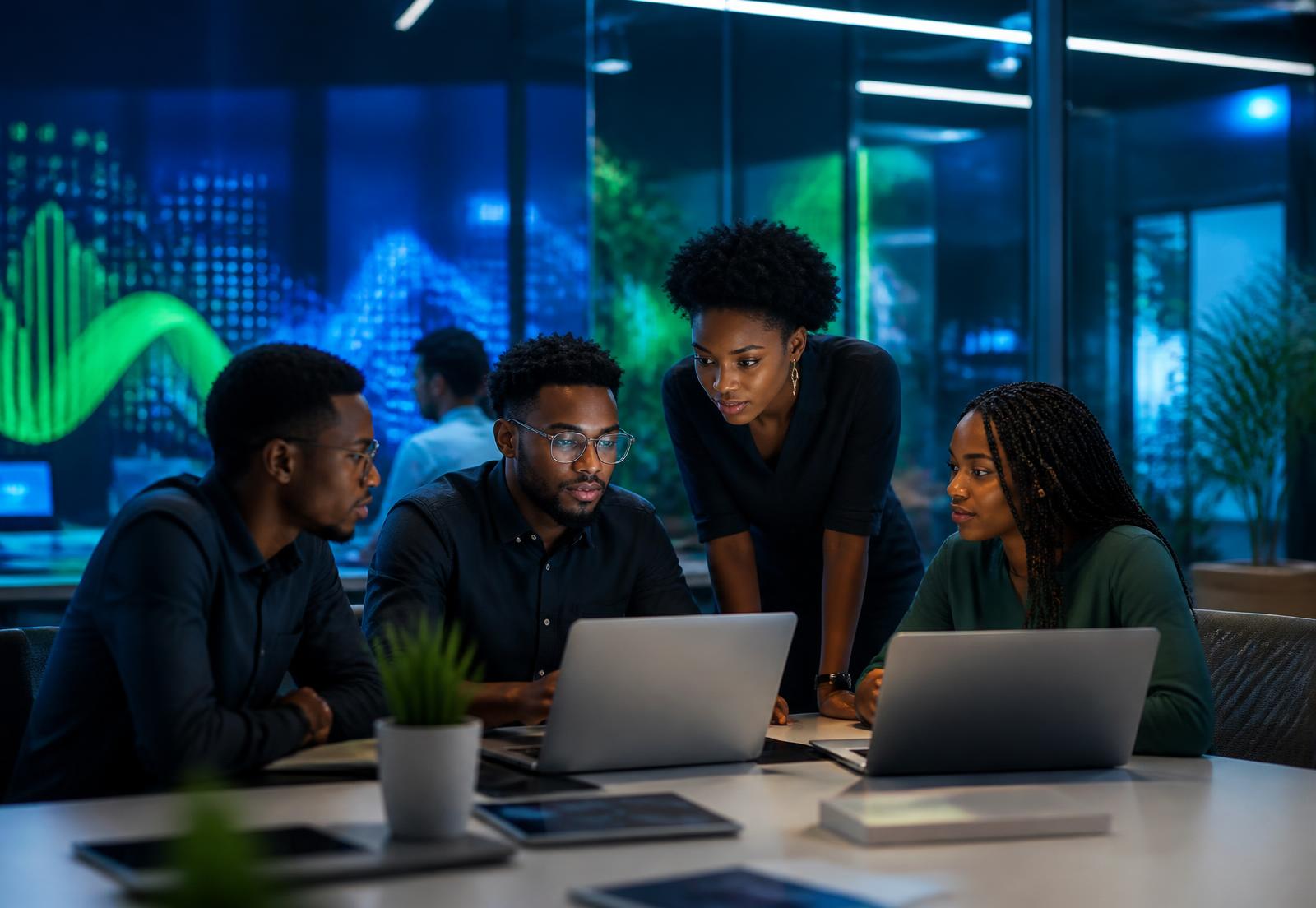 African students and professionals collaborating on AI projects in a modern innovation studio